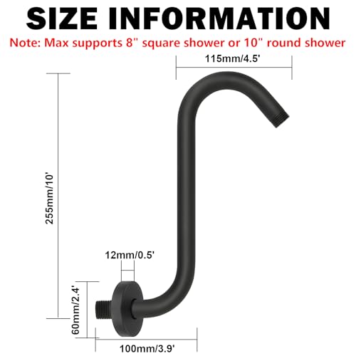 NearMoon S Shaped Shower Head Riser Arm, Shower Extender Arm with Flange, Standard 1/2" Connection- Bathroom Accessory (10 Inch, Matte Black) - color: Matte Black, style: 10 Inch