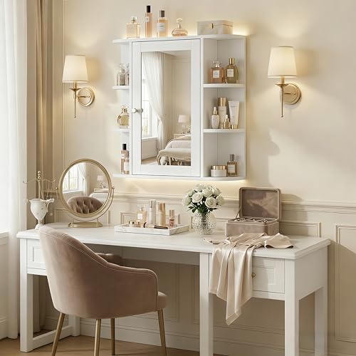 Merax Bathroom Medicine Cabinet, Bathroom Mirror Cabinet Wall Mounted with 6 Side Open Shelves, White Wall Cabinet with Mirror, White - color: White, style: With Mirror