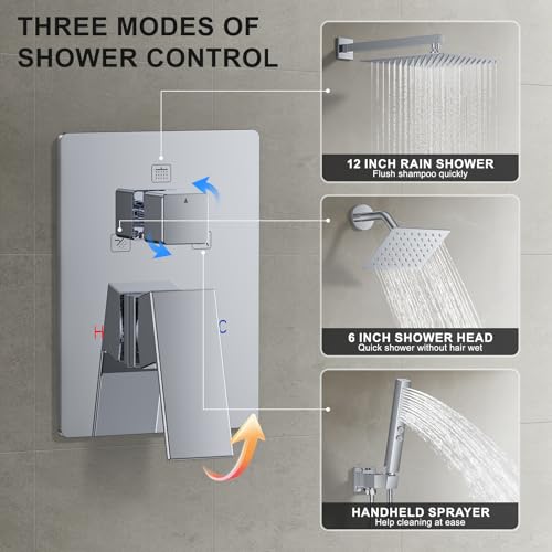 Rain Shower System 12" & 6" Dual Shower Heads, Wall Mount Shower Faucet Set | Ideal for bathroom remodels and upgrades with 12" rain shower, 6" angled shower, handheld spray and complete valve kit. - color: Polished Chrome, size: Wall Mounted - 12"+6" Sho
