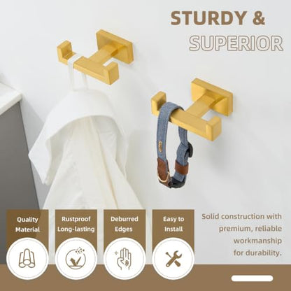 Angle Simple Double Towel Hook Brushed Dark Gold, Bath Robe Holder, 2 Pack | SUS304 Stainless Steel Coat Hook for Bathroom Kitchen Hotel RV, Screw Wall Mount - color: Brushed Dark Gold, size: 2 Pack