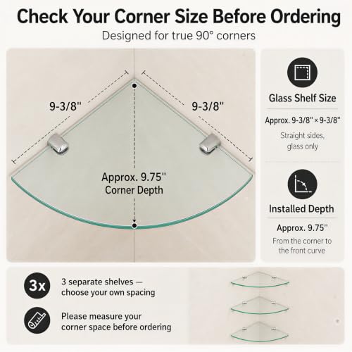 Kingrol 3 Pack Drill-Mounted Glass Corner Shower Shelves, 9-3/8 Inch | 3 Separate Shelves for True 90° Corners, 4 Brackets Per Shelf, Approx. 9.75-Inch Installed Corner Depth
