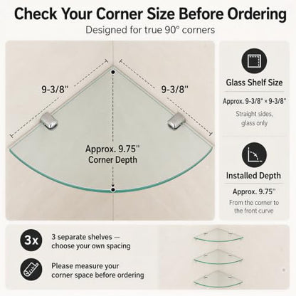 Kingrol 3 Pack Drill-Mounted Glass Corner Shower Shelves, 9-3/8 Inch | 3 Separate Shelves for True 90° Corners, 4 Brackets Per Shelf, Approx. 9.75-Inch Installed Corner Depth