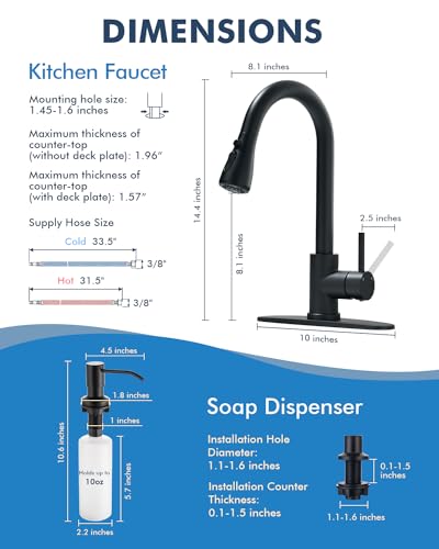 VFAUOSIT Kitchen Faucet with Pull Down Sprayer, Black, with Soap Dispenser | Deck Plate for 1–4-Hole Sinks, 3 Spray Modes, 20-Inch Hose, 360° Swivel, cUPC/CEC Certified, 15-Minute Install - color: Matte Black-05