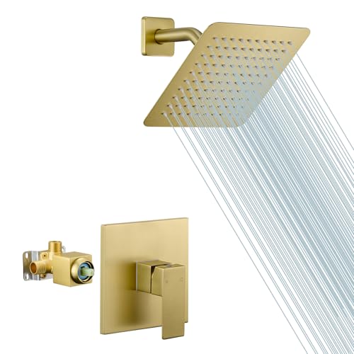 Shower Faucet Set with Valve, 8 Inch Square Rain Shower Head, Brushed Gold | SUS304 Stainless Steel, Brass Rough-in Valve, Single Handle, Air Pressure Boost, Shower Trim Kit, Male Threads - color: Brushed Gold