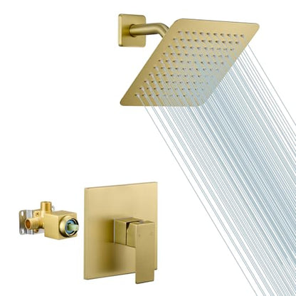 Shower Faucet Set with Valve, 8 Inch Square Rain Shower Head, Brushed Gold | SUS304 Stainless Steel, Brass Rough-in Valve, Single Handle, Air Pressure Boost, Shower Trim Kit, Male Threads - color: Brushed Gold