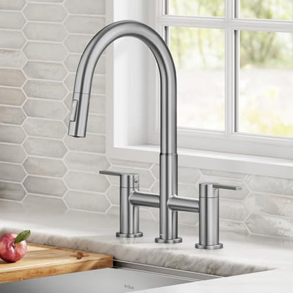 KRAUS Oletto Bridge Kitchen Faucet with Pull-Down Sprayhead in Spot-Free Stainless Steel, KPF-3122SFS - color: Spot Free Stainless Steel, style: Bridge Faucet