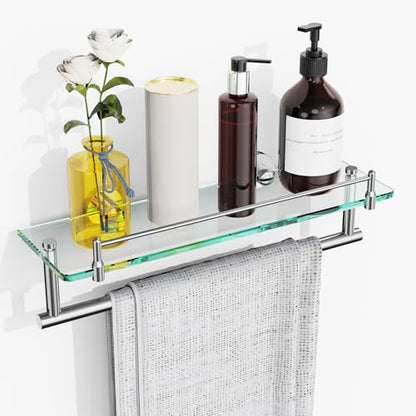 16-Inch Floating Tempered Glass Bathroom Shelf with Towel Bar - Chrome Polished & Stainless Steel, Wall Mount - color: Chrome Polished, size: 16-inch with Railing