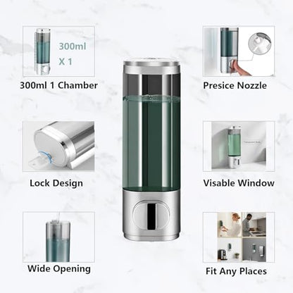 10oz/300ml Single Manual Wall Mounted Soap Dispenser, Silver | Bathroom Shampoo and Conditioner Dispenser, Clear Plastic Refillable Liquid Lotion Pump Dispenser and Organizer - color: Silver