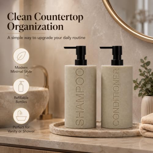 Resin 2 Pack Shampoo, Conditioner or Body Wash Dispenser Set, Luxurious Refillable Pump Bottles with Matte Pump Top and Embossed Text, Durable Design for Bathroom and Shower - color: Tan Shampoo & Conditioner