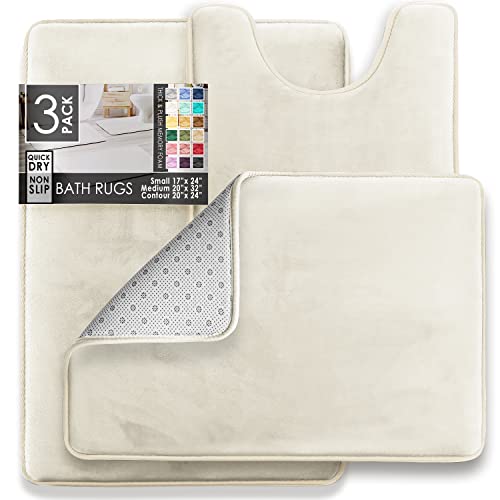 Clara Clark 3 Piece Bathroom Rugs Bath Mat Set, Velvet Memory Foam Bath Mats for Bathroom - Non-Slip, PVC Backing Bath Rugs, Washable - Dries Quickly, White - color: Off White