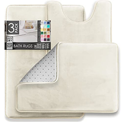 Clara Clark 3 Piece Bathroom Rugs Bath Mat Set, Velvet Memory Foam Bath Mats for Bathroom - Non-Slip, PVC Backing Bath Rugs, Washable - Dries Quickly, White - color: Off White