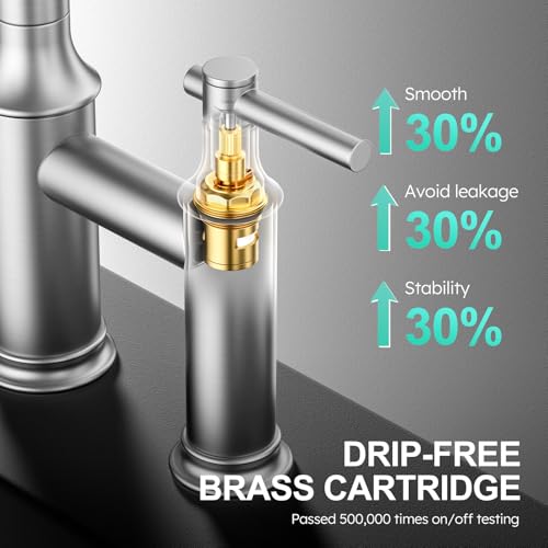 Brushed Nickel Bridge Kitchen Faucet: 3 Holes Kitchen Faucet with Pull Down Sprayer - Two Handles 8 Inch Centerset Kitchen Sink Faucet, 360° Swivel Spout - color: Brushed Nickel