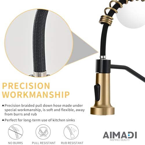 AIMADI Black Faucet Kitchen,Commercial Black Gold Kitchen Faucet Matte Black Modern Single Handle Kitchen Faucet with Pull Down Sprayer for Rv Farmhouse Camper - color: black gold