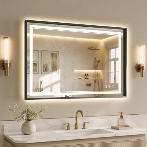 30"x40" LED Bathroom Mirror with Lights, Backlit + Front Lit, Anti-Fog, Lighted Bathroom Mirror with One-Piece Aluminum Alloy Frame, HD Shatterproof Tempered Glass, Dimmable, Memory Function - color: Black, size: 40"L x 30"W
