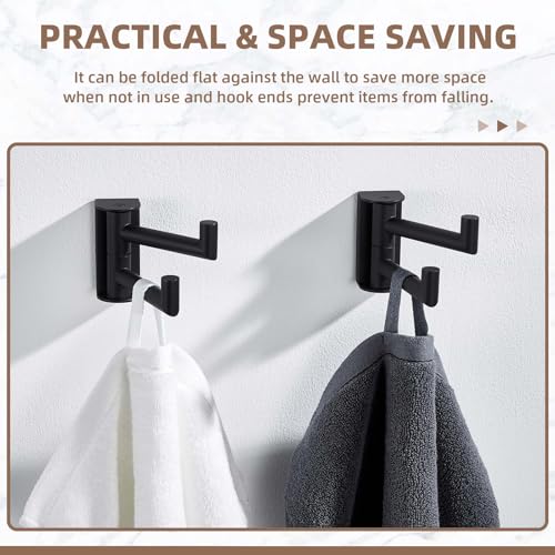 Suyar Double Towel Hook Matte Black, Bathroom Wall Hook, Swivel Robe Holder | SUS304 Stainless Steel Coat Towel Holder with 2 Foldable Arms, Swivel Towel Rack Space Saving Wall Mounted, 2 Pack - color: Matte Black, size: 2 Pack