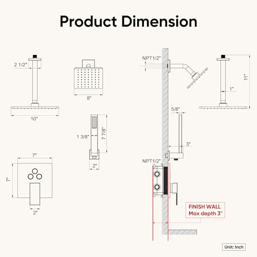 Gold Shower System, All Metal Dual Rain Shower Head with Handheld | 3-In-1 Push Button Valve and Trim Kit, Brushed Gold SUS304 10" Ceiling & 8" Wall Mount Heads, Bathroom Shower Faucet Set - color: Brushed Gold
