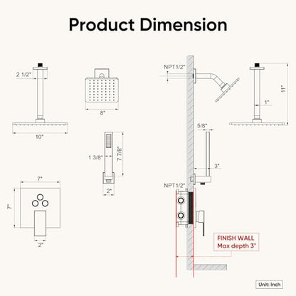 Black Shower System, All Metal Dual Rain Shower Head with Handheld | 3-In-1 Push Button Valve and Trim Kit, Matte Black SUS304 10" Ceiling & 8" Wall Mount Heads, Bathroom Shower Faucet Set - color: Matte Black