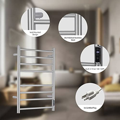 Towel Warmer with Built-in Timer ETW44-2S for Bathroom Wall Mounted Bath Towel Heater Plug-in Electric Heated Towel Rack Brushed