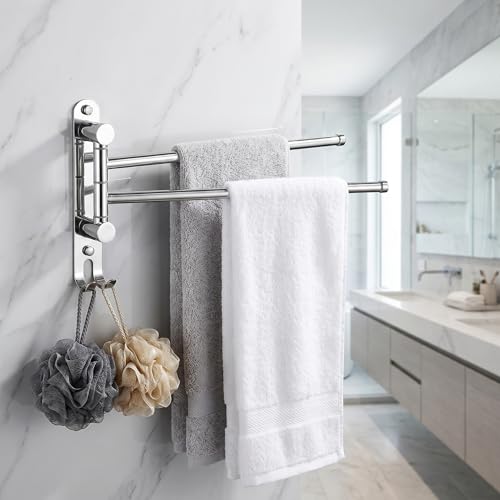 Swivel Towel Rack Wall Mounted, 1/2/3/4-Bar Options, 12.8" Long Arm SUS304 Stainless Steel, No Drill Adhesive 180° Rotating, Heavy Duty Rustproof Towel Bar for Bathroom Kitchen (Holds 30 lbs) - color: 2-bar