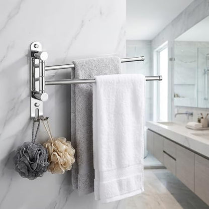 Swivel Towel Rack Wall Mounted, 1/2/3/4-Bar Options, 12.8" Long Arm SUS304 Stainless Steel, No Drill Adhesive 180° Rotating, Heavy Duty Rustproof Towel Bar for Bathroom Kitchen (Holds 30 lbs) - color: 2-bar