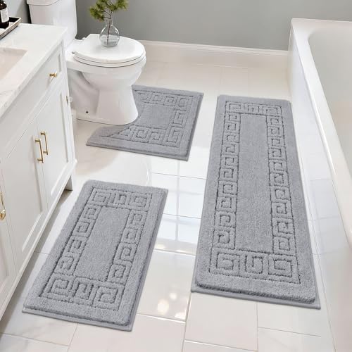 Pauwer Bathroom Rugs Sets 3 Piece, Plush Absorbent Bath Rug, Light Grey | Microfiber Bath Mat Set, Non Slip Washable, Quick Dry Floor Carprt, Soft U Shaped Toilet Mats For Bathroom Shower Sink - color: Light Grey