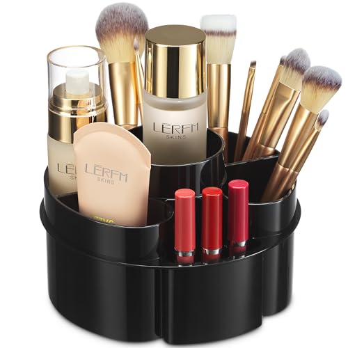 Masirs Small 360 Rotating Makeup Organizer, 5 Compartments, Round Black | Small 360 Rotating Makeup Organizer, 5 Compartments, Acrylic Mini Lazy Susan, Vanity Bathroom Counter, Round Black - color: Round Black