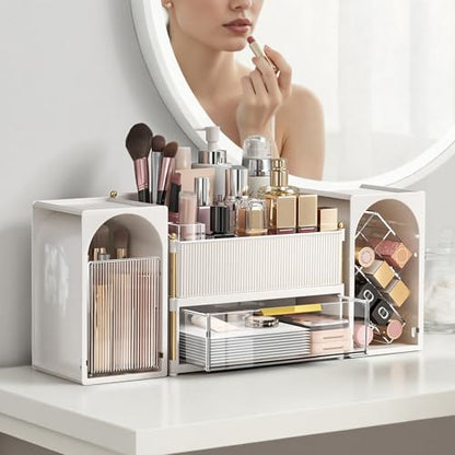 INVSSENE Stackable Makeup Organizer Countertop, Storage Perfume Skincare Cosmetic Lipstick Face Mask Makeup Brush Palettes, Ideal for Vanity Bathroom Counter - color: 3516 White+Clear