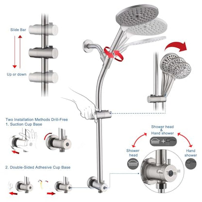 High Pressure Shower Head with Handheld Shower, 26" Adjustable Height Drill-Free Slide Bar, 3-Way Diverter for Easy Reach, Dual Shower Head Combo Set with 5ft Hose - Brushed Nickel - color: Brushed Nickel