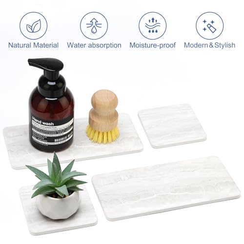 4 Pcs Water Absorbent Stone Dry Tray for Bathroom Sink Kitchen Counter Tray | Diatomite Stone Quick Drying Diatomaceous Earth Mat Soap Dispenser Dish Sponge Holder Ceramic Marble Bathroom Vanity Trays - color: Marble Light Gray
