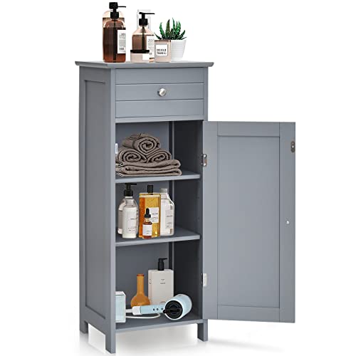 HAPPYGRILL Bathroom Floor Cabinet, Single Door Floor Storage Cabinet Organizer with Drawer and 3-Level Adjustable Shelves, Bathroom Cabinets Freestanding with Anti-Tipping Device for Living Room - color: Grey