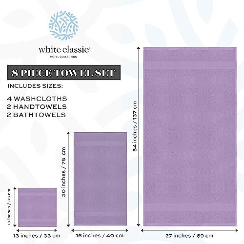White Classic Luxury Bath Towel Set of 8 Pieces - 100% Turkish Cotton Highly Absorbent Towels for Bathroom, 2 Luxury Bath Towels 700GSM, 2 Hand Towels, 4 Washcloths, Lavender - color: 16: Lavender