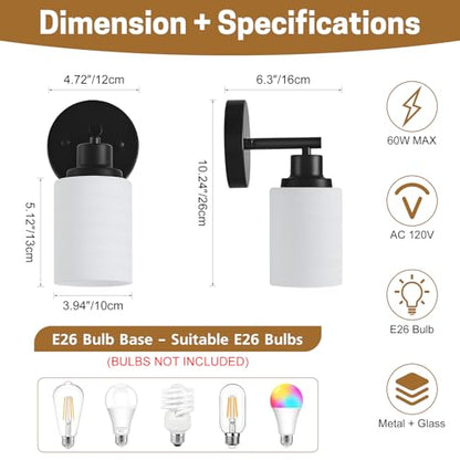 2-Pack, 1-Light Vanity Lights, Matte Black Bathroom Light Fixture with Textured Milky White Glass Shade, E26 Modern Vanity Lighting Fixture for Bathroom Wall Sconce - color: Black, size: 4.7 Inch : 1-Light