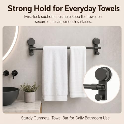 Suction Cup Towel Bar for Smooth Shower Walls, No Drill Adjustable Towel Rod 15.7-27.5 in, Rustproof Aluminum with Strong Vacuum Hold, Gray