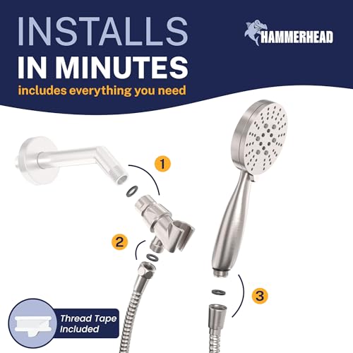HammerHead Showers® Solid Metal 3-Spray Handheld Shower Head with Long Hose and Holder - BRUSHED NICKEL - 2.5 GPM High Pressure Shower Head with Handheld Sprayer - WIDE, MASSAGE, and MIST Sprays - color: Brushed Nickel, size: 2.5 GPM Standard