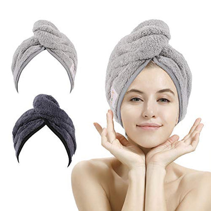 M-bestl 2 Pack Hair Drying Towels, Anti-frizz Hair Towel Wrap, Absorbent Microfiber Hair Towel Turban with Button Design for Straight Curly Hair (Dark Gray&Light Gray) - color: Dark Gray&light Gray