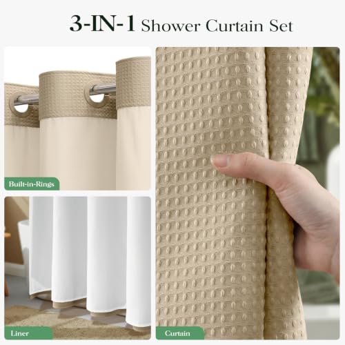 Beige Hook Free Waffle Shower Curtain & Snap-in Fabric Liner,54x81 | Less Time to install, 3 in 1 Fabric Shower Curtain and Liner Set with Magnets, Stall, Long, Shower Curtains for Bathroom - color: B Beige, size: 54"W x 81"L (Pack of 1)