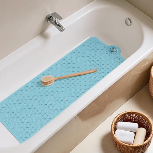 OTHWAY Bath Mat for Tub Non Slip: 39" X 17" Long Bathtub Mat with Hair Catcher│Big Drain Holes Shower Mats for Inside Shower│Machine Washable (Blue) - color: Blue