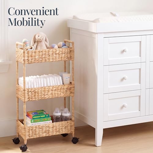 Best Choice Products 3-Tier Slim Water Hyacinth Rolling Nursery Caddy w/Wheels, Handwoven Utility Cart, Narrow Storage Organization for Bathroom, Craft Room, Laundry Room - Natural - color: Natural