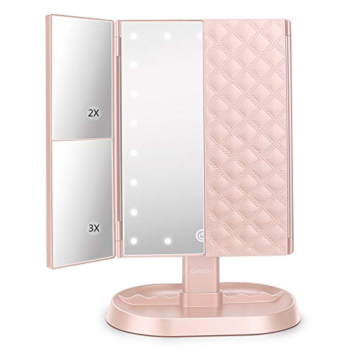 Trifold Lighted Vanity Makeup Mirror with 21 LED Lights,1x/2x/3x Magnification and Touch Screen Dimming,Two Power Supplies Makeup Mirror, Gift for Women - color: Pink