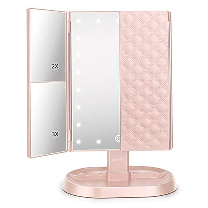 Trifold Lighted Vanity Makeup Mirror with 21 LED Lights,1x/2x/3x Magnification and Touch Screen Dimming,Two Power Supplies Makeup Mirror, Gift for Women - color: Pink
