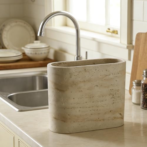 Natural Travertine Textures Mini Trash Can, Small Counter Rectangle Trash Can for Bathroom Kitchen Table Desk, Tiny Waste Basket for Vanity - Silicone Pad Anti Scratch, Non-Slip (Made of Resin) - color: Rectangle Travertine