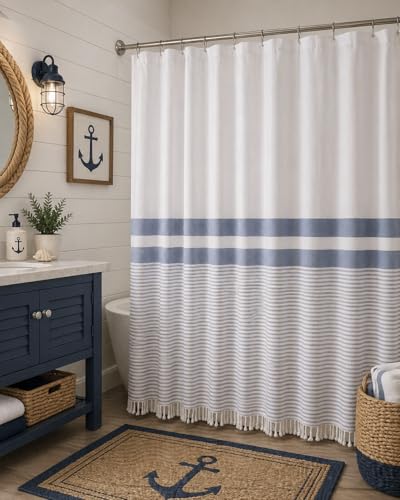 Striped Cotton Blend Shower Curtain with Fringe, Luxury Jacquard Fabric, Machine Washable, 72x72 Inch, Seabreeze - color: Seabreeze