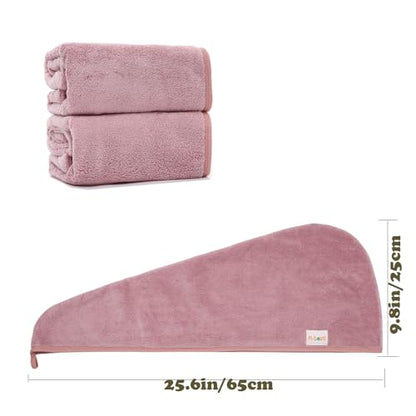 M-bestl 2 Pack Microfiber Hair Towel Wrap to Dry Hair Quickly | Lightweight,Absorbent &Anti-frizz Hair Drying Towel with Button Design for Curly or Straight(Bean Pink) - color: Bean Pink