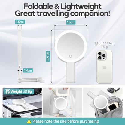 30x/1x Magnifying Travel Mirror with Light, Double-Sided Rechargeable Adjustable Brightness 3 Colour Lighting, Folding, Handheld/Hangable/Tabletop, 3 Ways Using Mirror, White - color: White-travel
