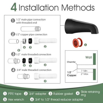 Bathtub Faucet and Shower Knobs Replacement,Easy to Install Tub Spout Set for 1/2" Copper Pipe,1/2" IPS and 3/4" IPS with Install Tool (Matte Black) - color: Matte Black