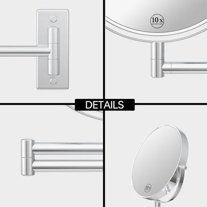 8" Wall Mounted Makeup Mirror with 1X 10X Magnification, Chrome | Double-sided Wall Mount Magnifying Mirror with Swivel Extendable Arm for Bathroom - color: Chrome-no Lights