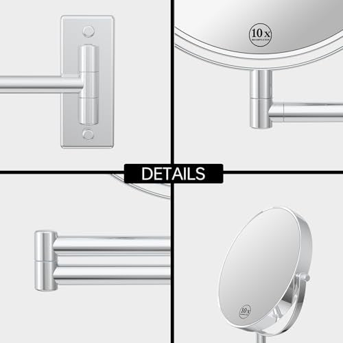 8" Wall Mounted Makeup Mirror with 1X 10X Magnification, Chrome | Double-sided Wall Mount Magnifying Mirror with Swivel Extendable Arm for Bathroom - color: Chrome-no Lights