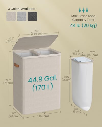 SONGMICS Laundry Basket, 44.9 Gal. Laundry Hamper, 2 Compartments, Easy Assembly, with Lid and Handles, Removable Liners, 22 x 15.7 x 29.5 Inches, Cappuccino Beige ULCB813L01 - color: Cappuccino Beige, size: 170 L (2-Section)