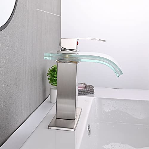 AVSIILE LED Bathroom Sink Faucet, Brushed Nickel Waterfall Single Hole Handle Vanity Faucets for Sinks 1 Hole with Metal Pop Up Drain and 2 Water Supply Lines, Wide Glass Spout - color: Brushed Nickel