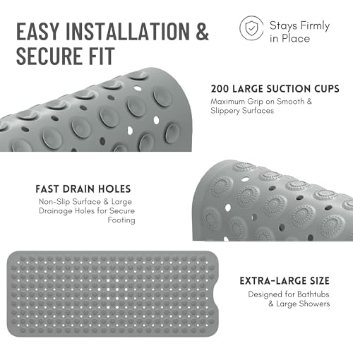 Bathtub Mat Non-Slip – 39" x 15.5" Extra Long Shower Mat with Suction Cups, BPA Free & Machine Washable, Textured Bath Mat for Tub, Ideal for Kids, Seniors & Pregnant Women, Gray - color: Gray